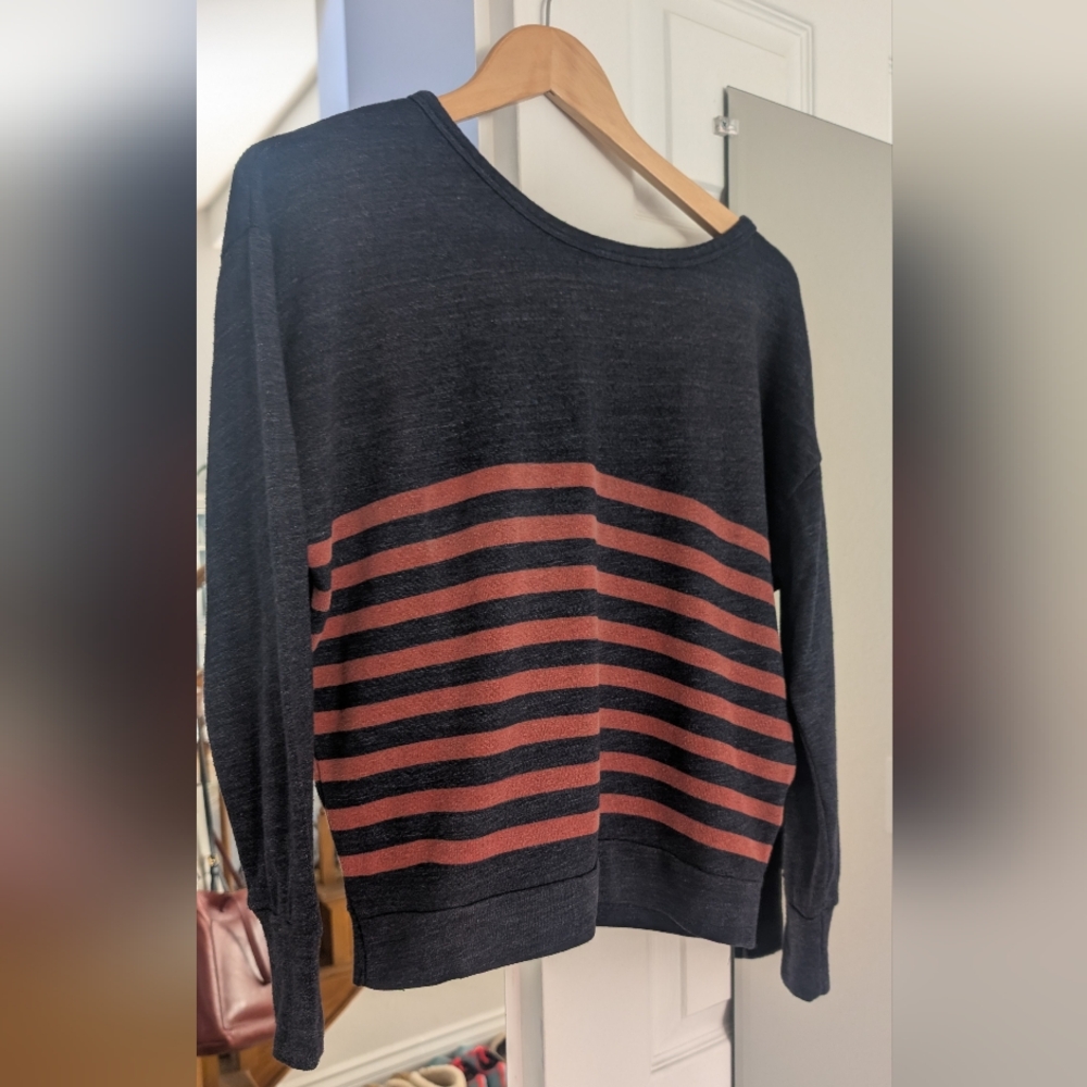 Sundry Navy Striped Scoop Neck Lightweight Sweater